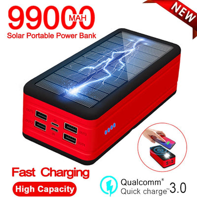 Fast Charging 99000mah Solar Power Bank Wireless With SOS LED Light Portable Charging For iPhone Samsung